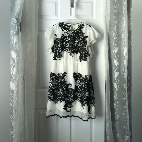 Anthropologie Dresses & Skirts - Anthropologie Foxiedox Embroidered  lace mini Dress Ruffle xs pit to pit 17.5”